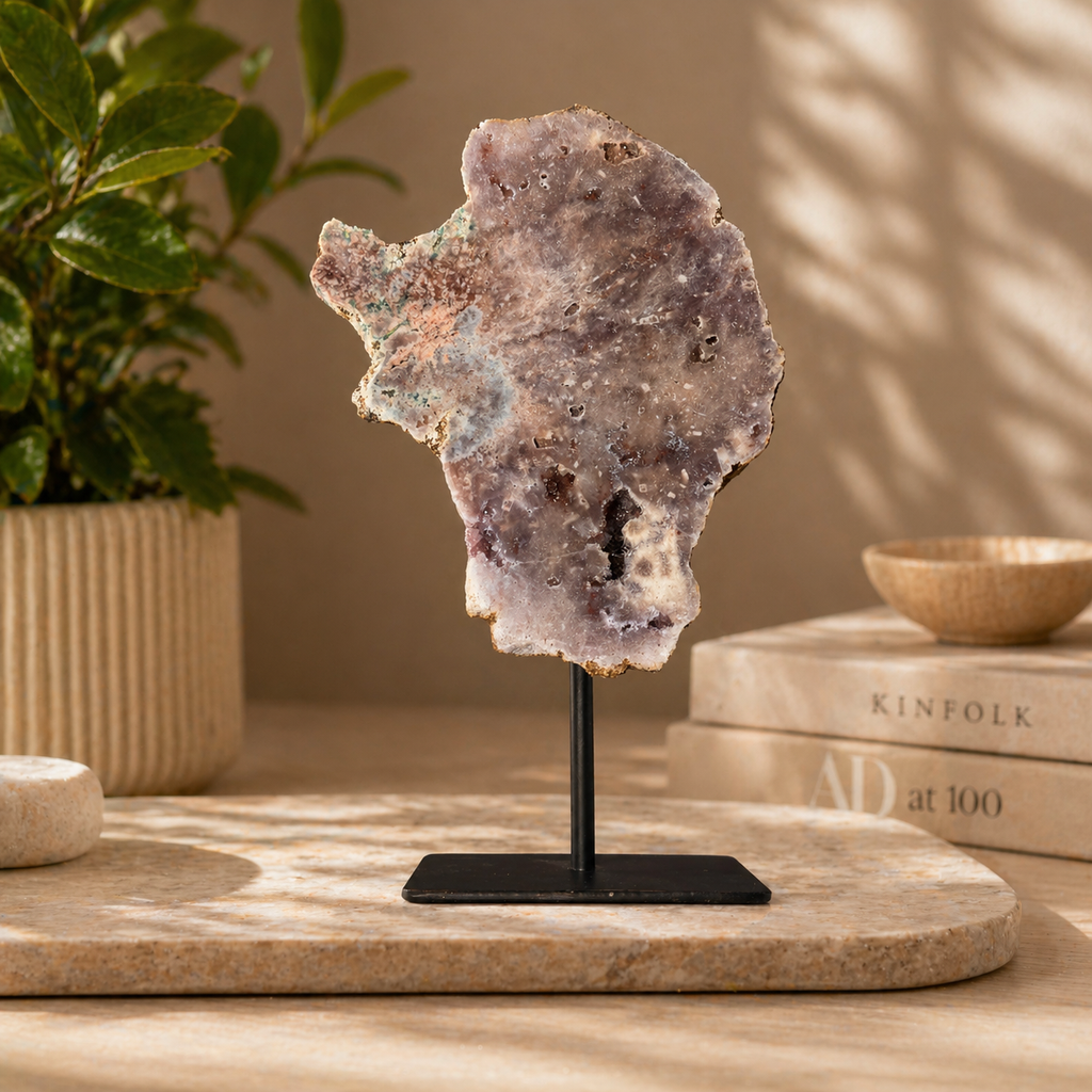 Pink Amethyst Slice on Black Metal Stand – Polished Crystal from Brazil