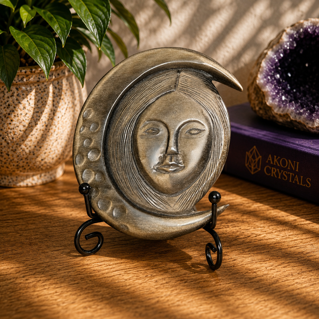 Gold Sheen Obsidian Hecate Moon Goddess Carving with Stand