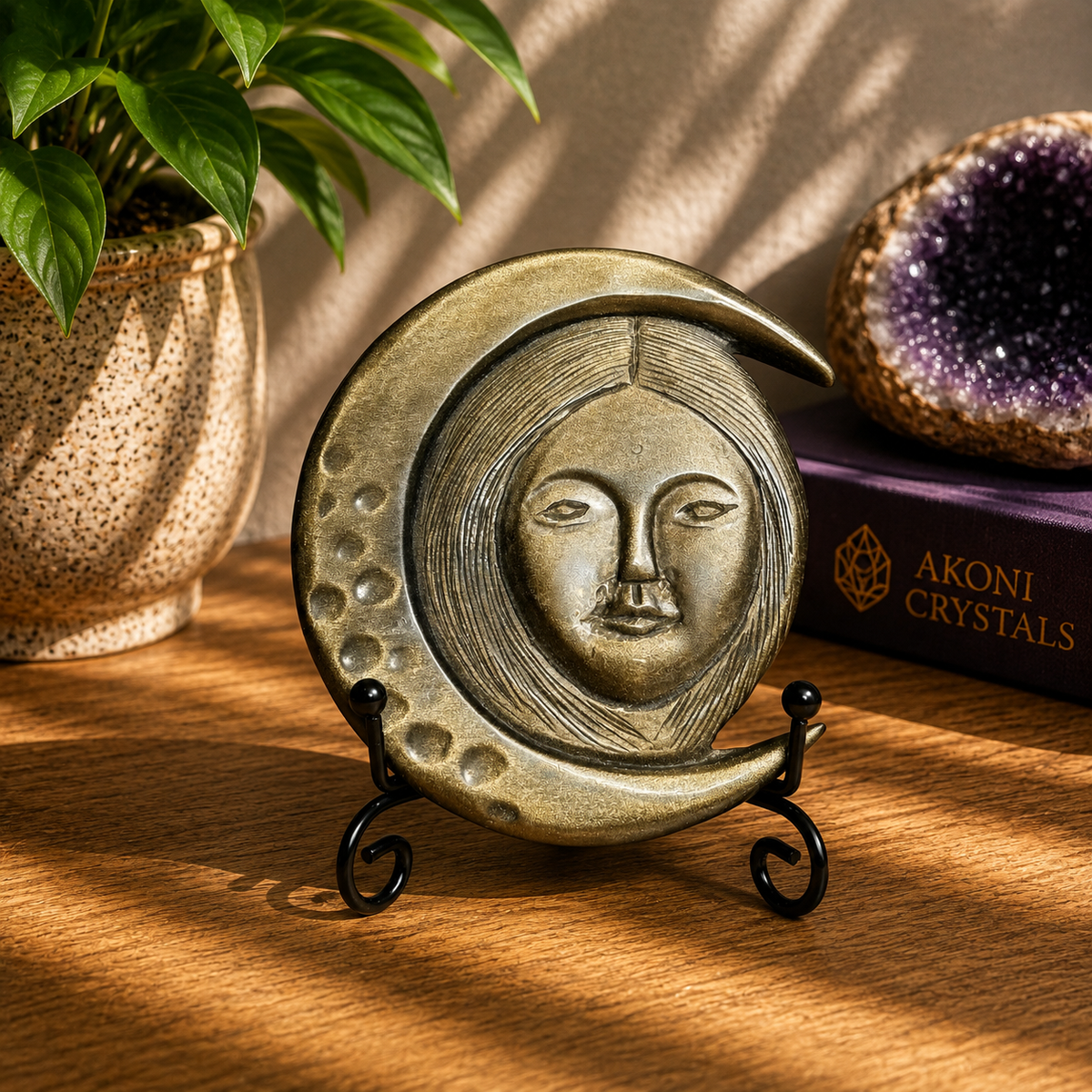 Gold Sheen Obsidian Hecate Moon Goddess Carving with Stand