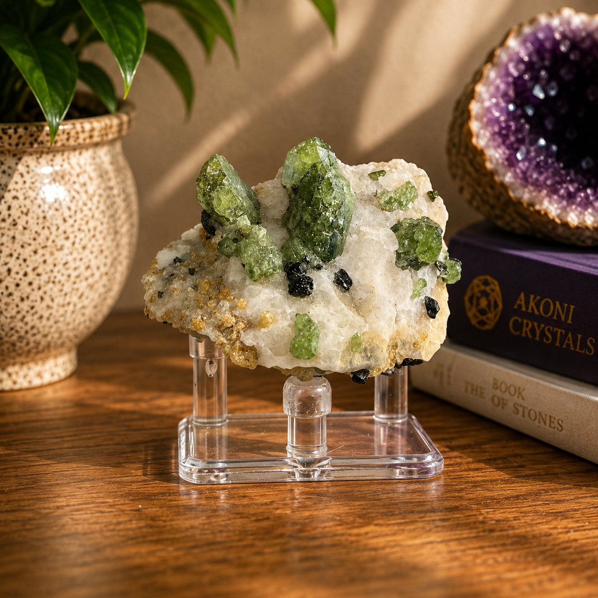 Green Diopside Crystal Specimen with Acrylic Display Stand