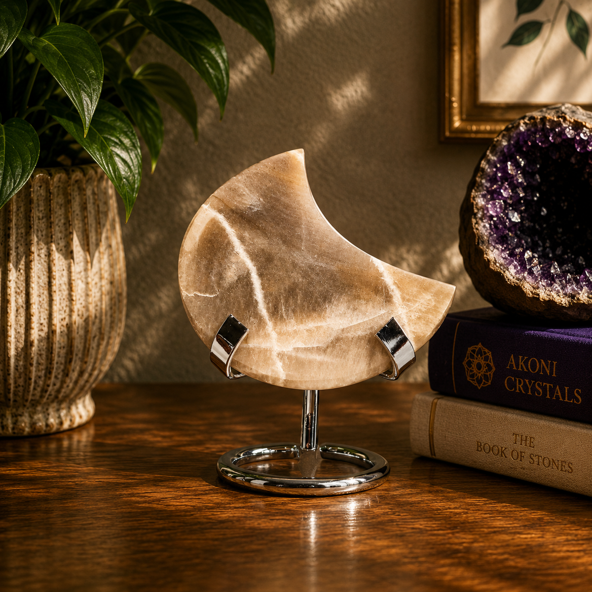 Moonstone Crescent Moon with Silver Metal Display Stand