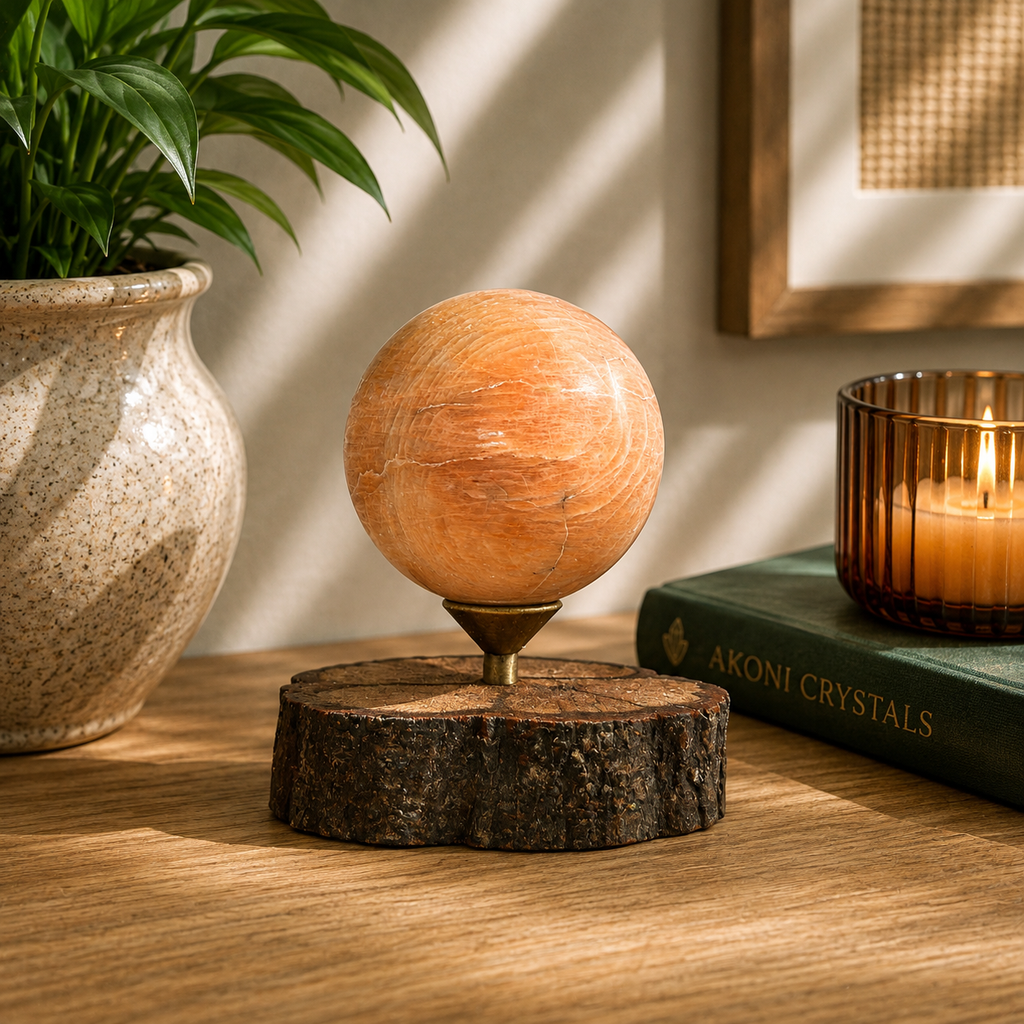 Peach Moonstone Sphere on Decorative Wood Stand