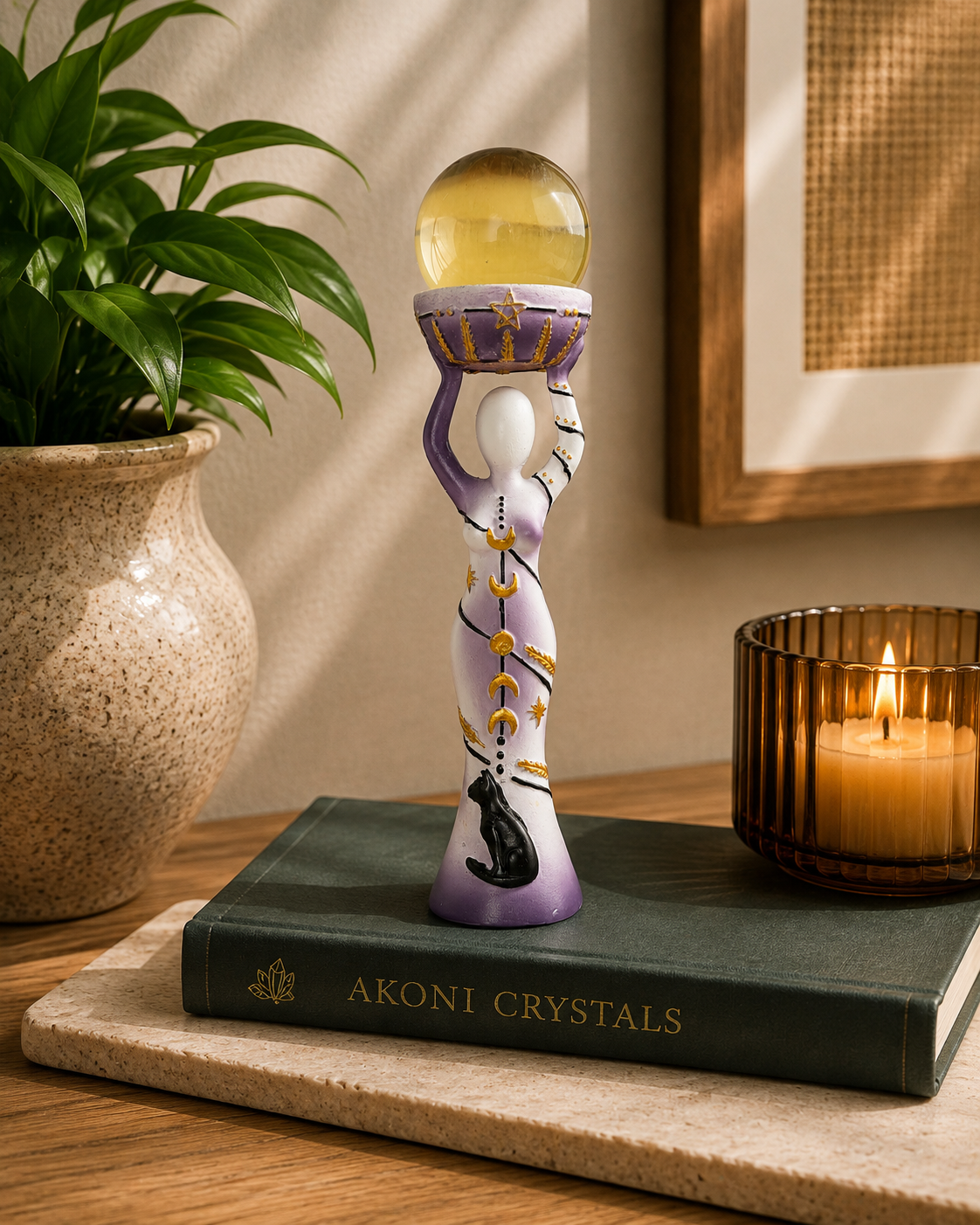 Moon Goddess Sphere Display Stand | Purple & White Polyresin | Holds Approximately 2" Crystal Spheres | LED Timer Tea Light Included
