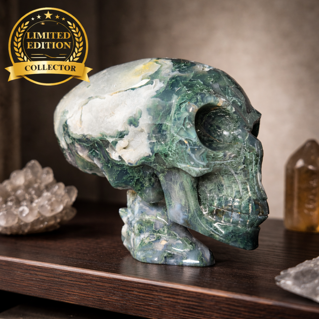 Moss Agate Alien Skull – 1313g Limited Edition Collector Statement Piece