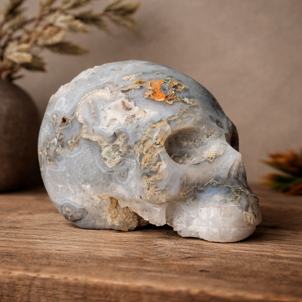 Moss Agate Skull with Druzy – 1,446g Collector Statement Piece