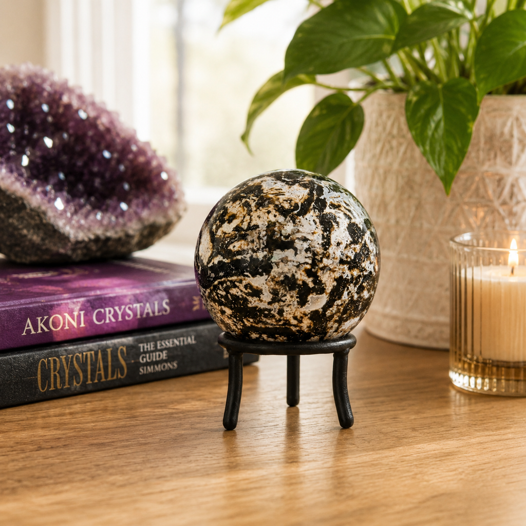 Sea Jasper Sphere on Black Wrought Iron Stand | Collector Display