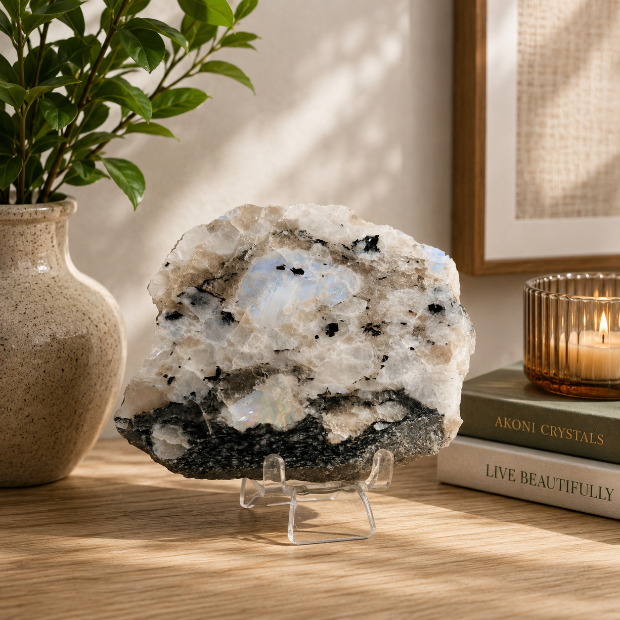 Rainbow Moonstone Slice with Acrylic Display Stand