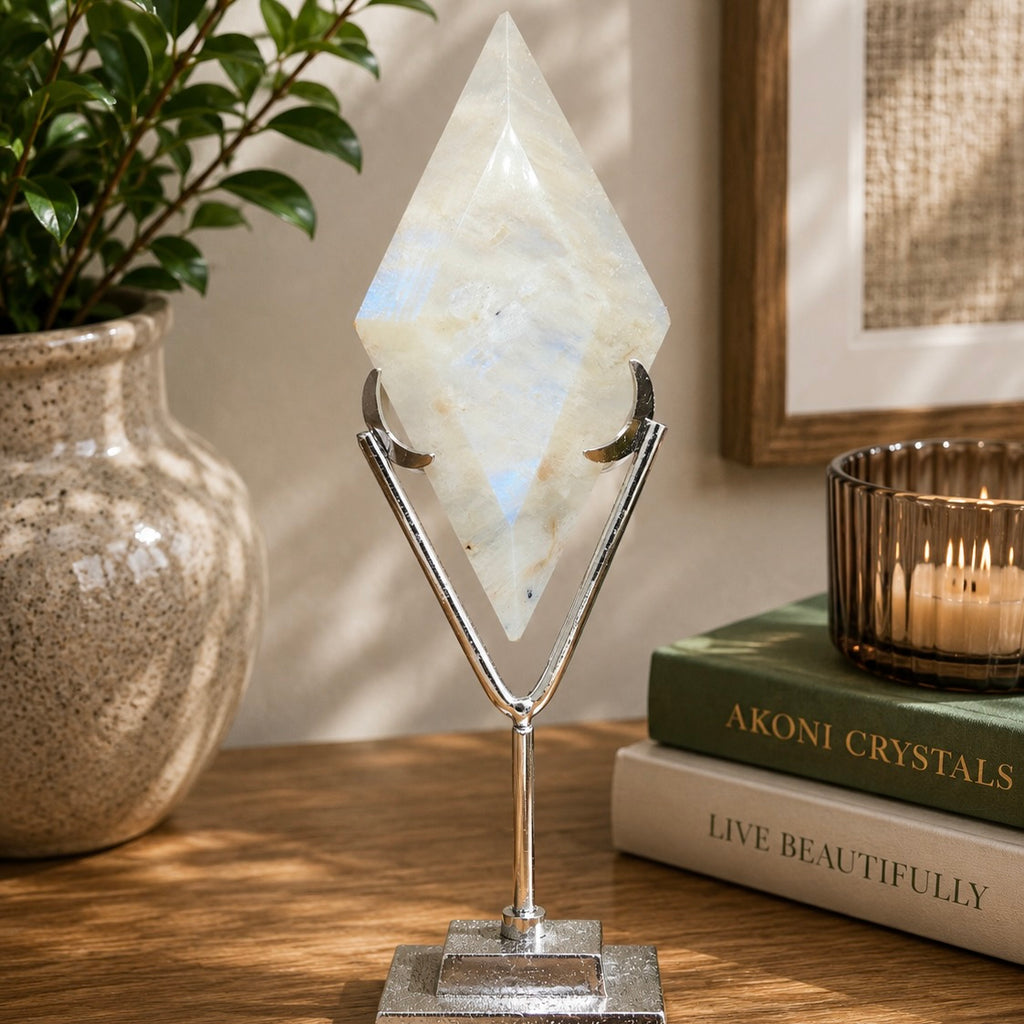 Blue Moonstone Diamond Carving with Silver Stand