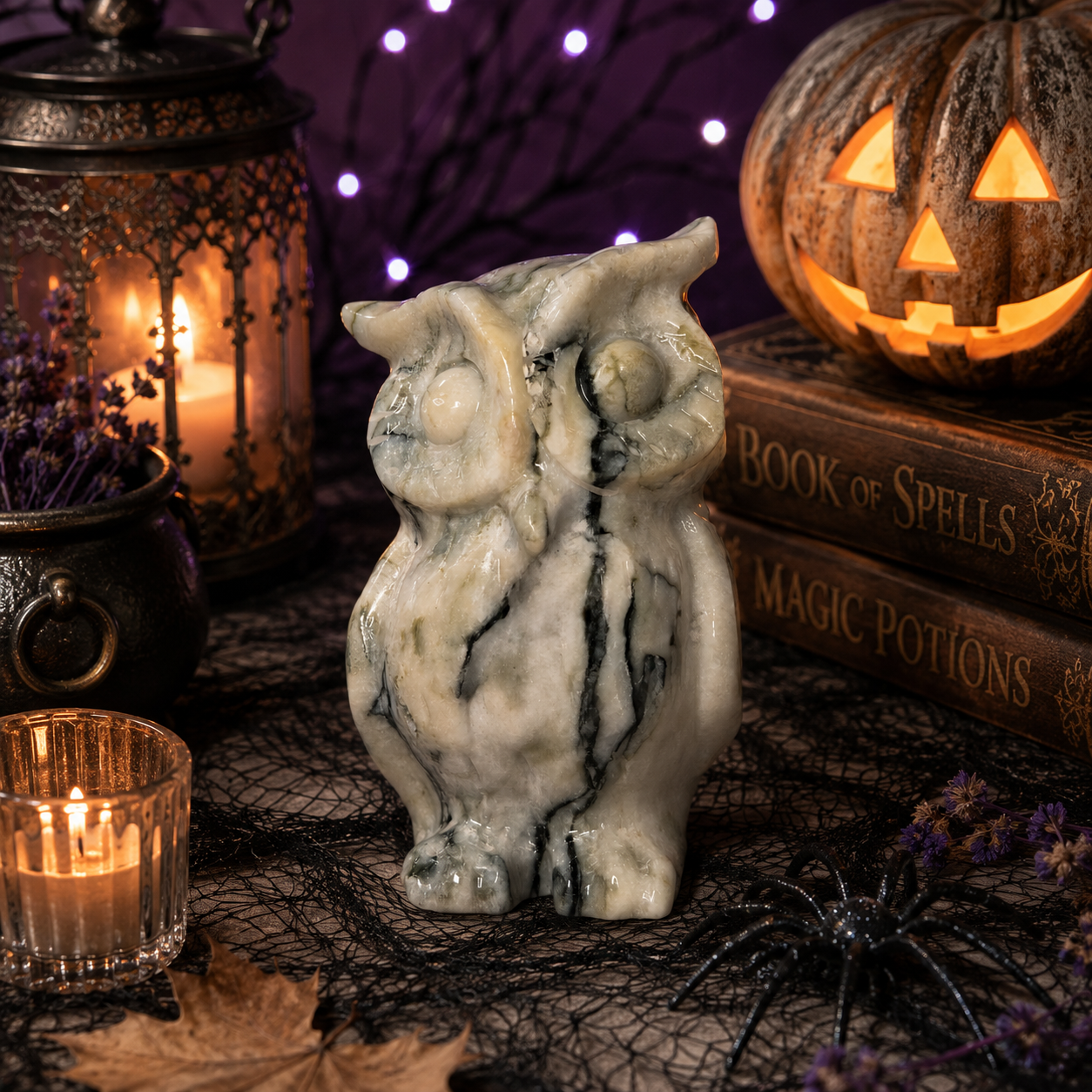 Large Serpentine with Quartz Owl Carving