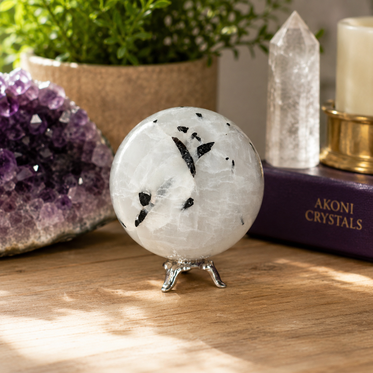 Tourmaline Quartz Sphere with Silver Stand, Black Tourmaline in Quartz Crystal