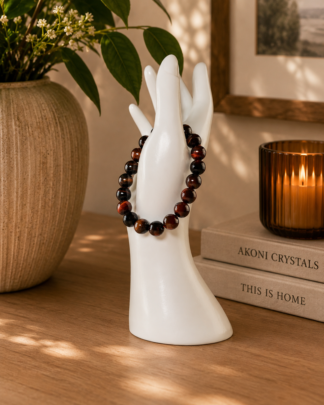 Red Tiger Eye Bracelet 10mm Beaded Crystal Stretch Bracelet