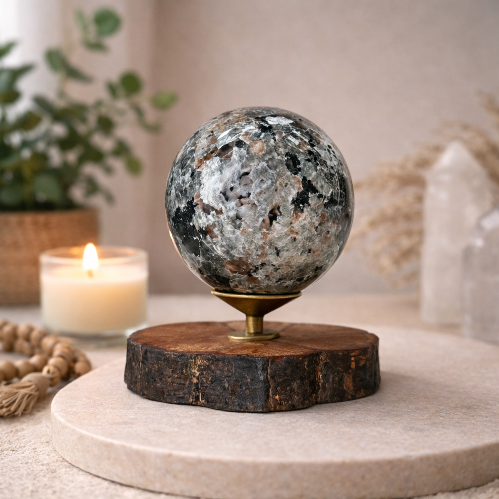 Yooperlite Sphere 414g with Decorative Stand – UV Reactive Crystal