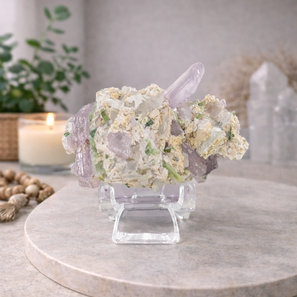 Kunzite with Green Tourmaline in Quartz Specimen with Stand | Collector Crystal Display Piece