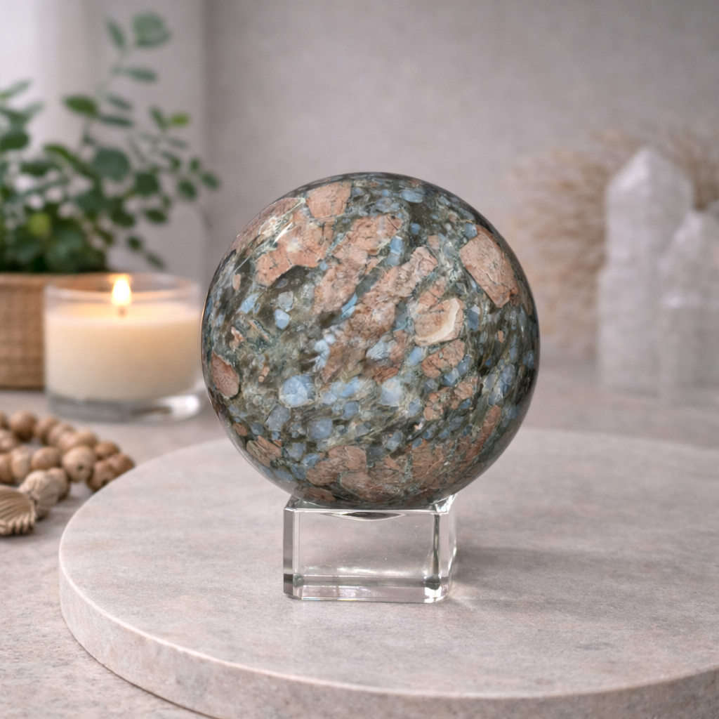 Rhyolite Sphere on Glass Stand | Large Statement Crystal Sphere for Grounding & Balance