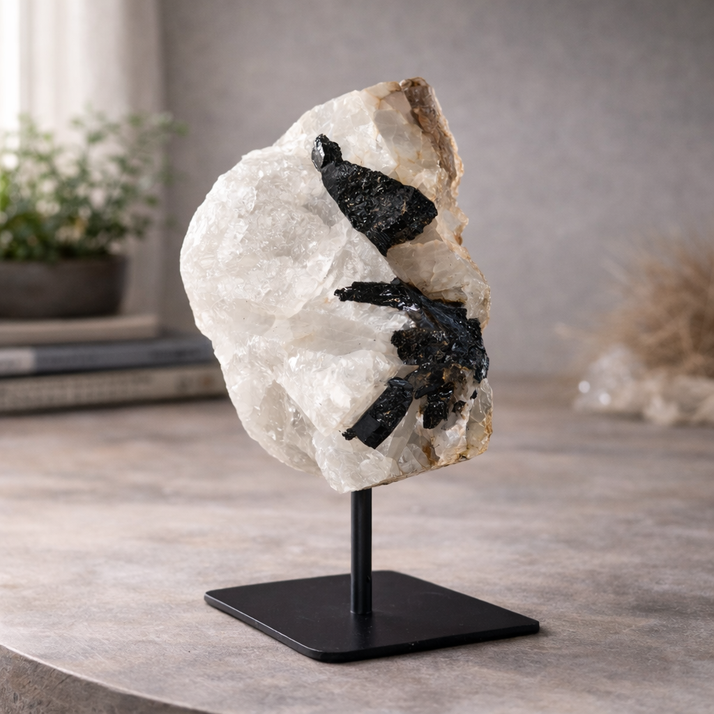 Black Tourmaline in Quartz Matrix on Stand, 1127g Akoni's Misfit Crystal