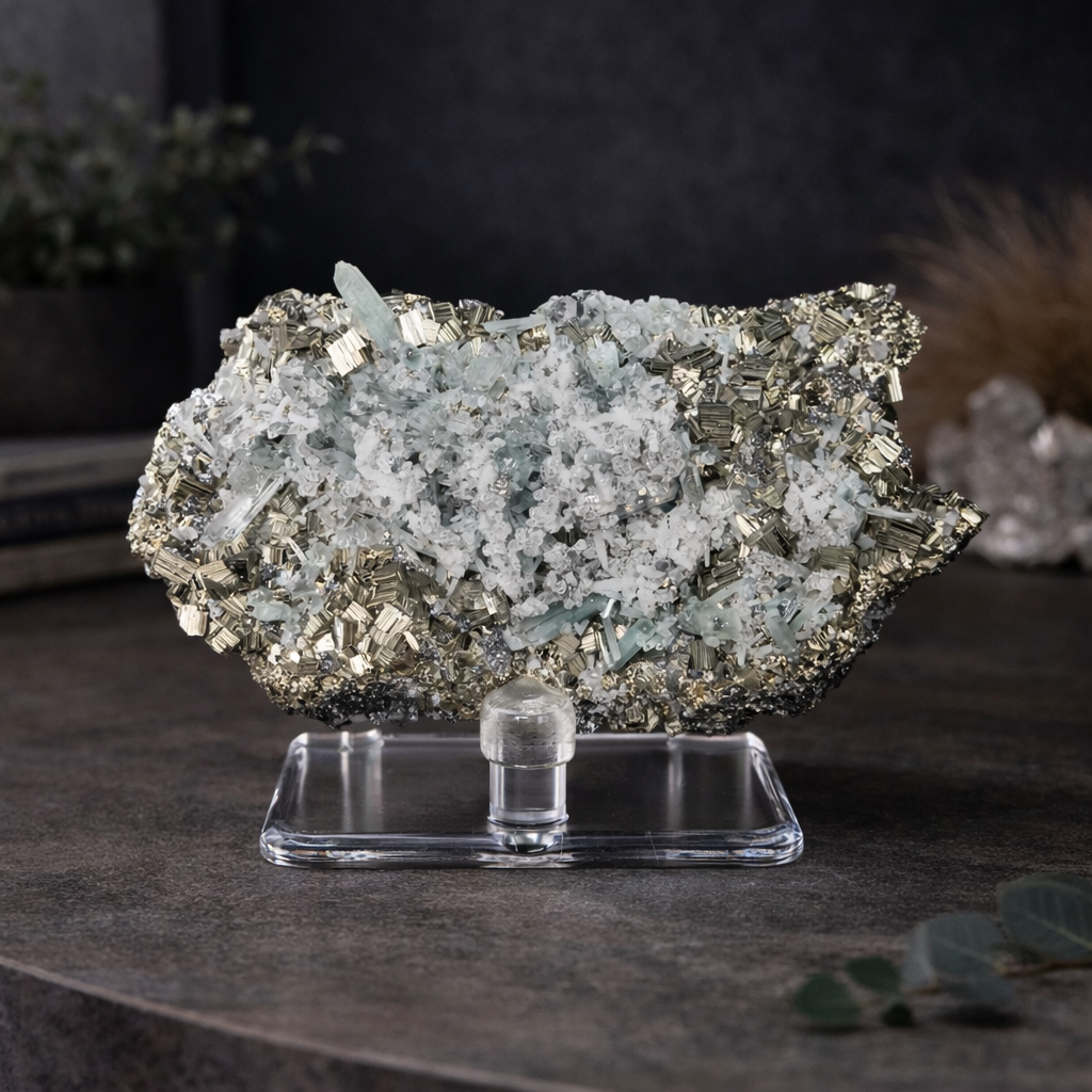 Green Quartz on Pyrite & Galena Specimen – Huaron Mine Peru Mineral Display