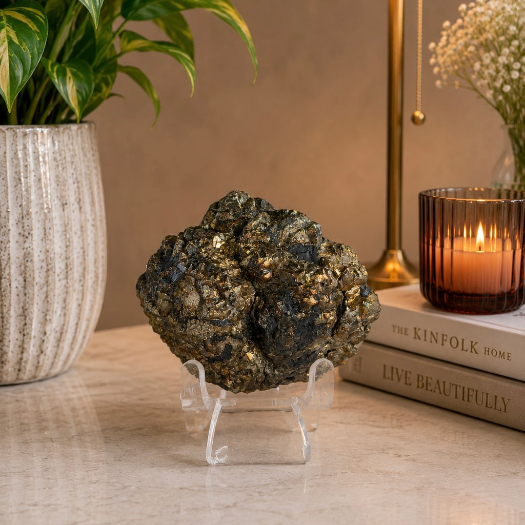 Iridescent Pyrite Specimen – 117g Abundance & Prosperity Crystal from Pakistan (With Stand)