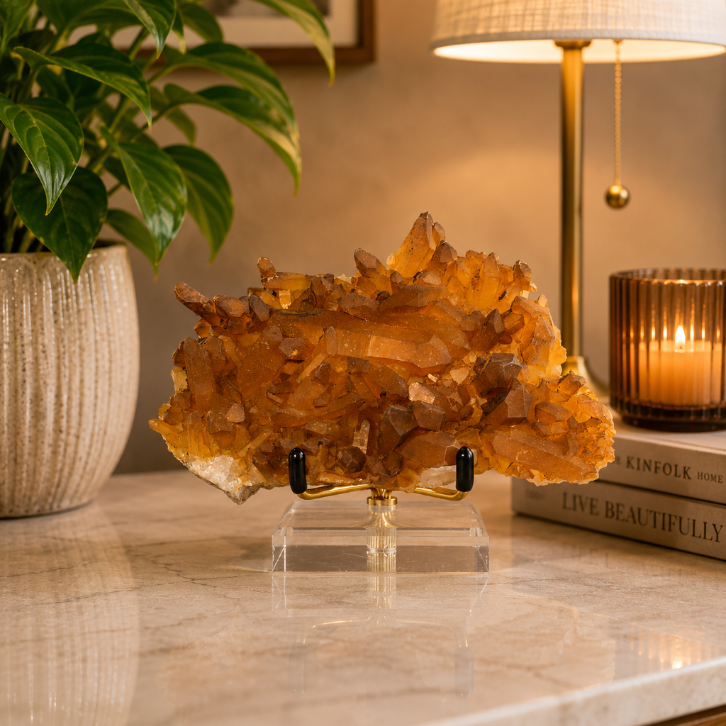 Golden Healer Quartz Cluster from Collier Creek Arkansas with Gold Display Stand