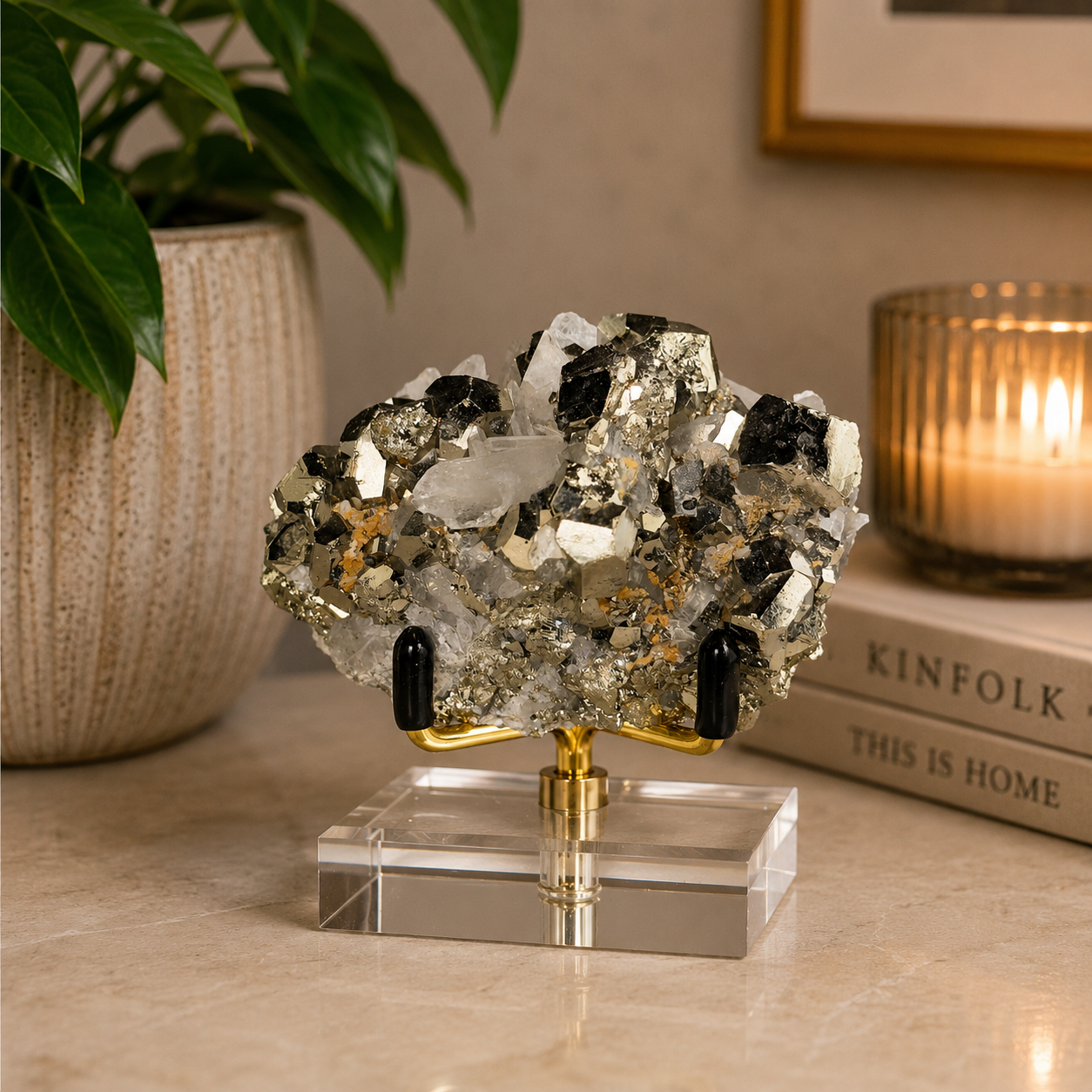 Chalcopyrite on Quartz w Gold Metal Acrylic Stand