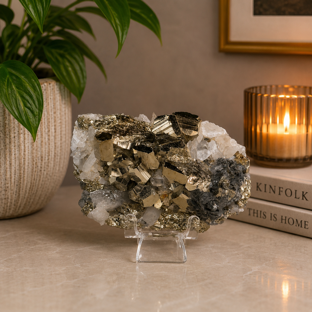 Chalcopyrite on Quartz w Acrylic Display Stand
