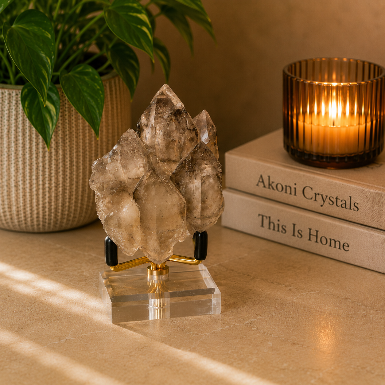 Smoky Quartz Elestial Crystal Cluster (Includes Gold Metal/Acrylic Stand)