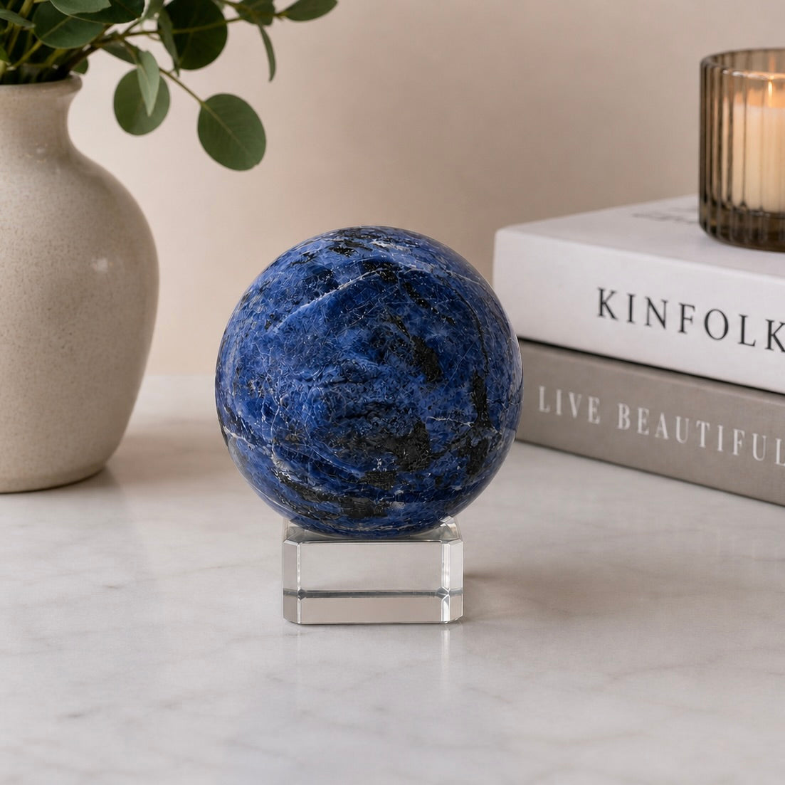 Sodalite Sphere with Glass Stand – Clarity & Intuition Crystal