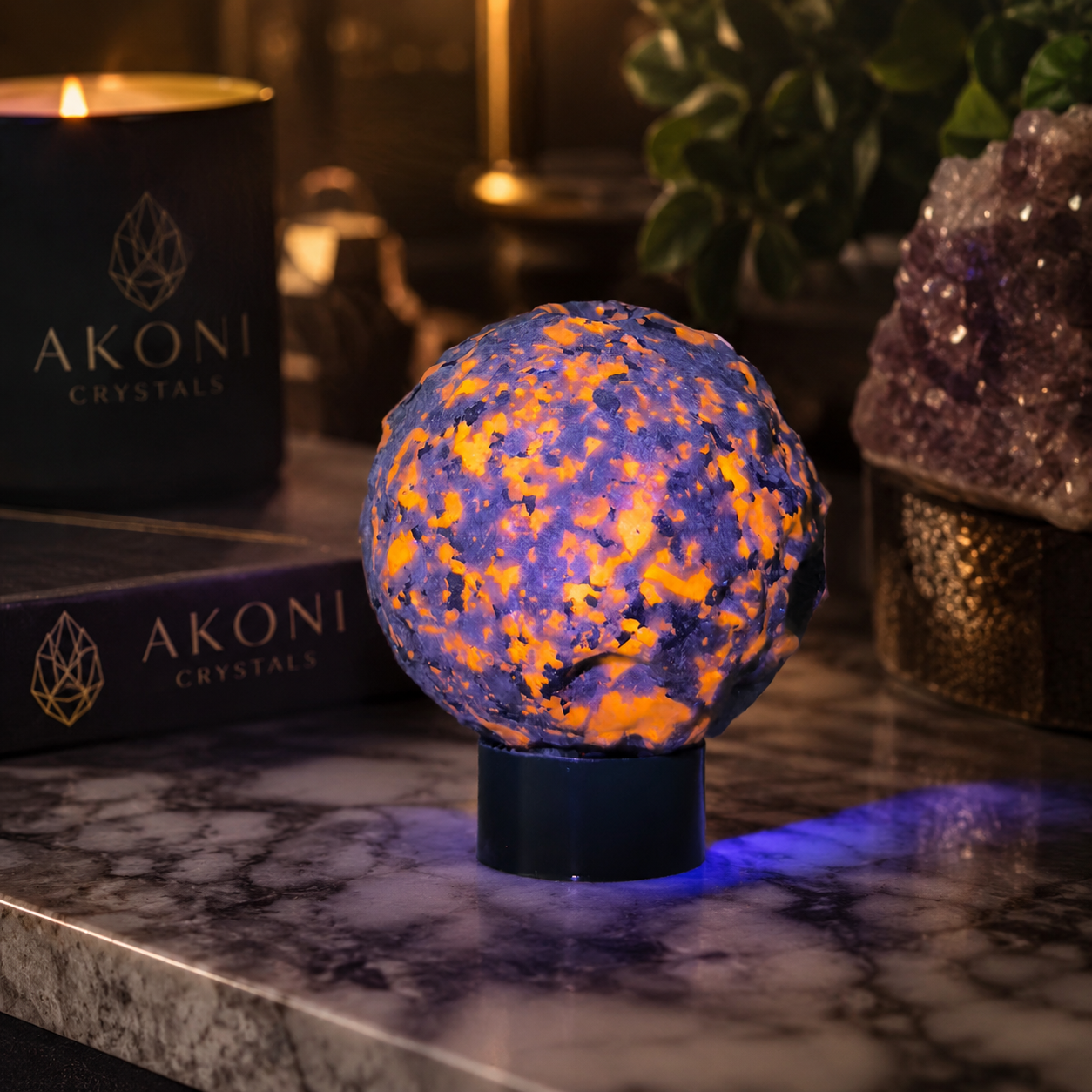 UV Reactive Yooperlite Moon Sphere with Stand