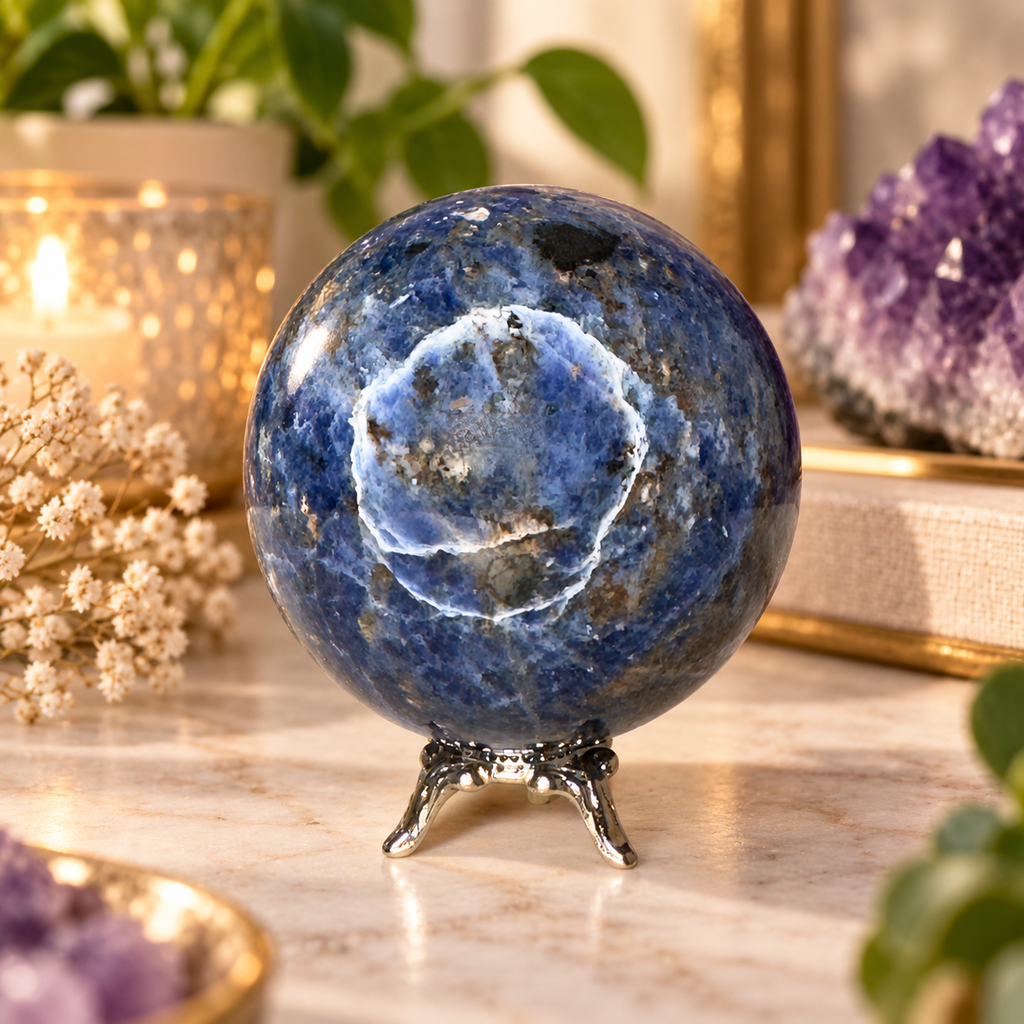 Sodalite Sphere with Silver Metal Stand