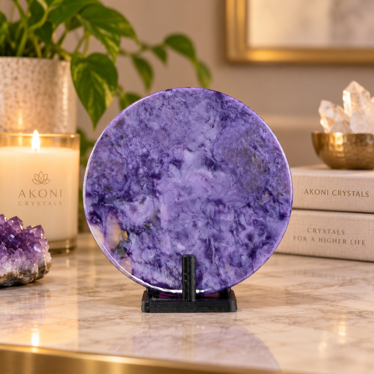 Charoite Disc with Stand | Russian Charoite | Purple Crystal – 43g