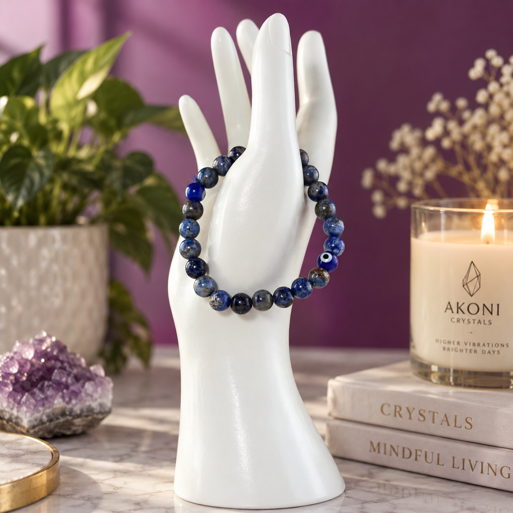 Lapis Lazuli Evil Eye Bracelet – 8mm Beads, Size 6
