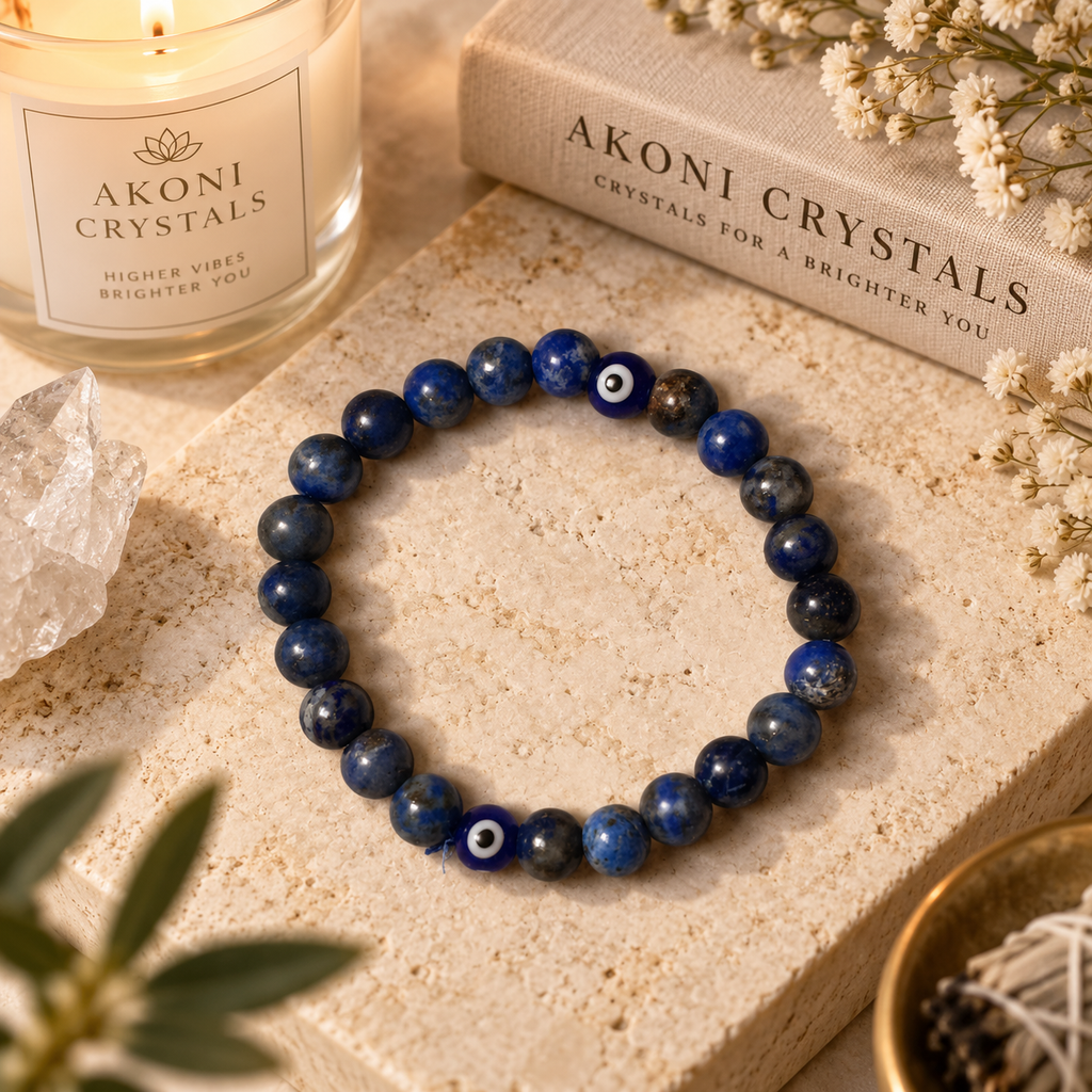 Lapis Lazuli Evil Eye Bracelet – 8mm Beads, Size 6