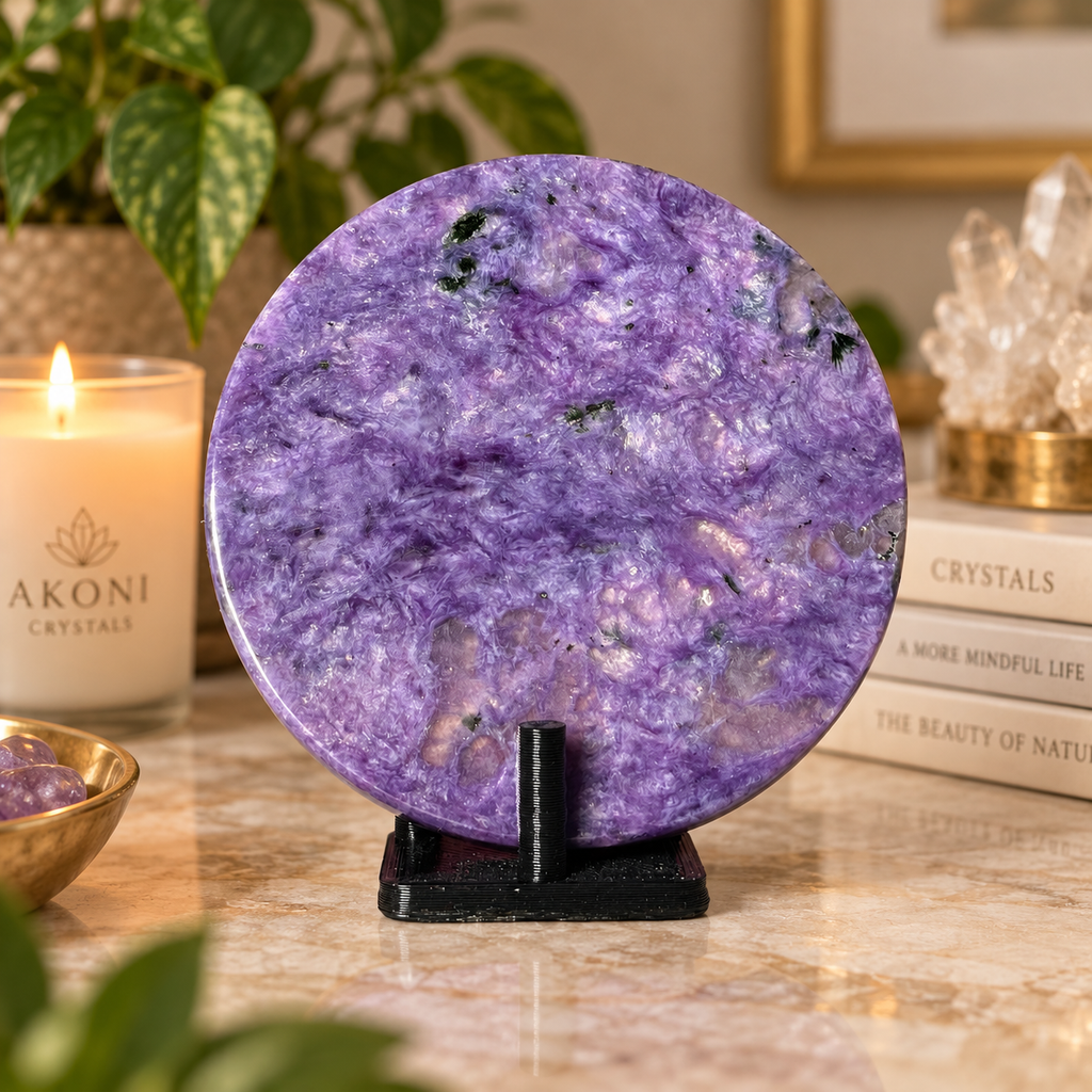 Charoite Disc with Stand | Russian Charoite | Purple Crystal – 45g
