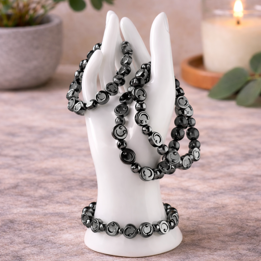Hematite Moon Bracelet – Engraved Beads for Grounding & Protection