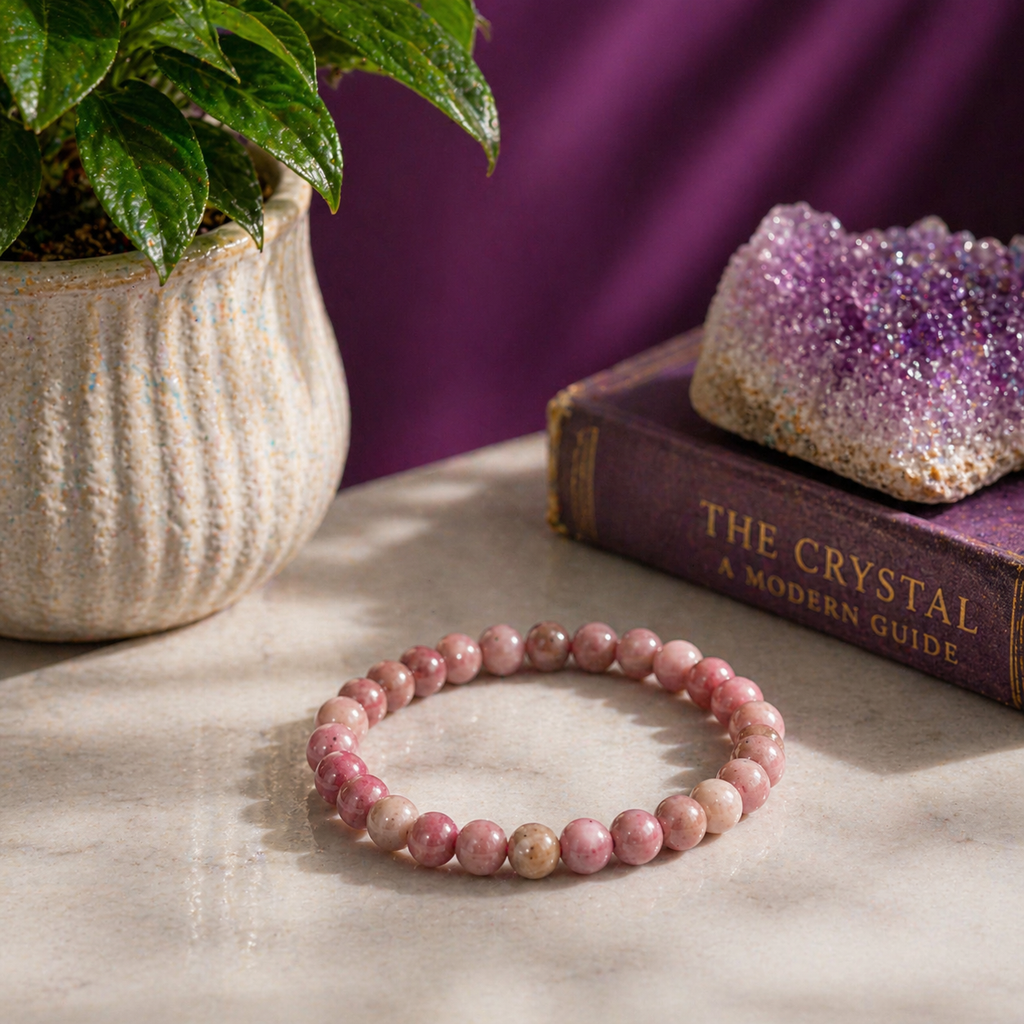 Thulite Beaded Bracelet 8mm Natural Pink Stone Crystal Jewelry 20g