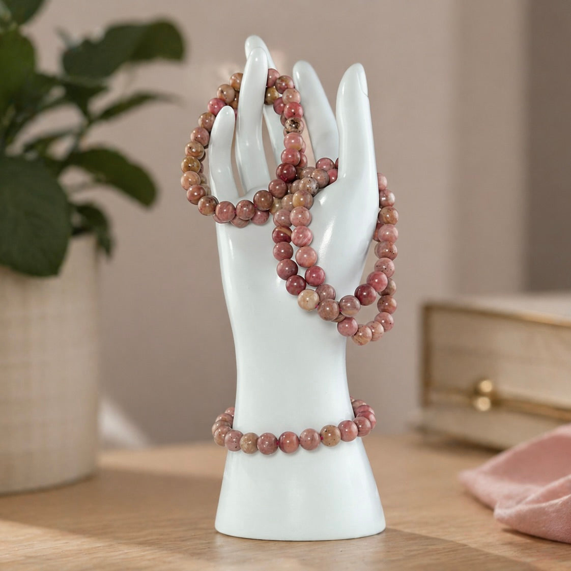 Thulite Beaded Bracelet 8mm Natural Pink Stone Crystal Jewelry 20g