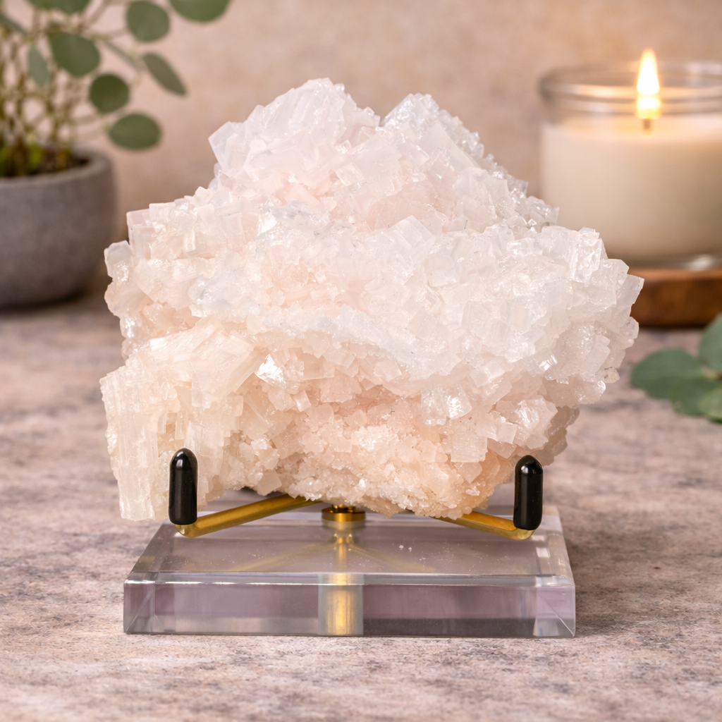 Light Pink Halite Crystal – Searles Lake California Specimen with Stand