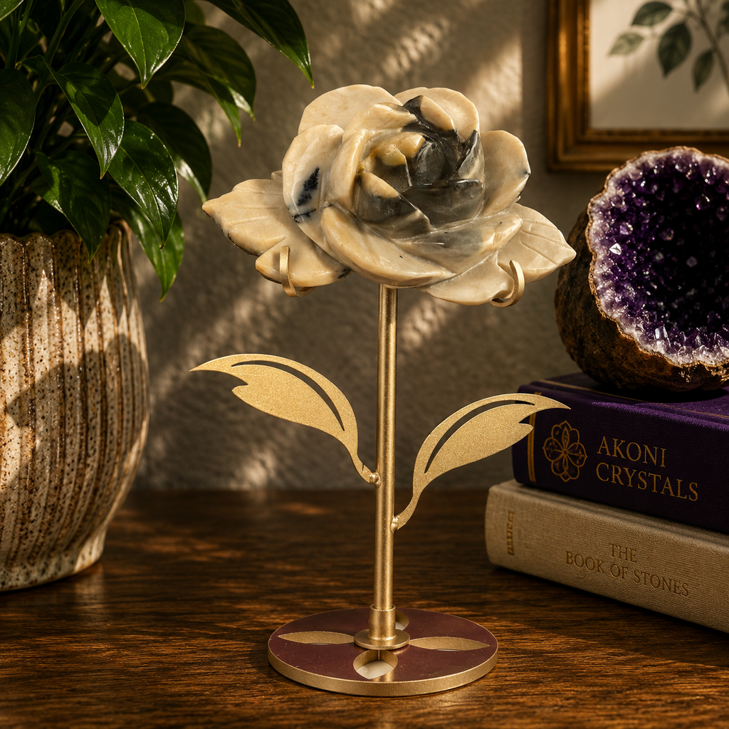 Mookaite Jasper Flower Carving with Gold Metal Flower Stand