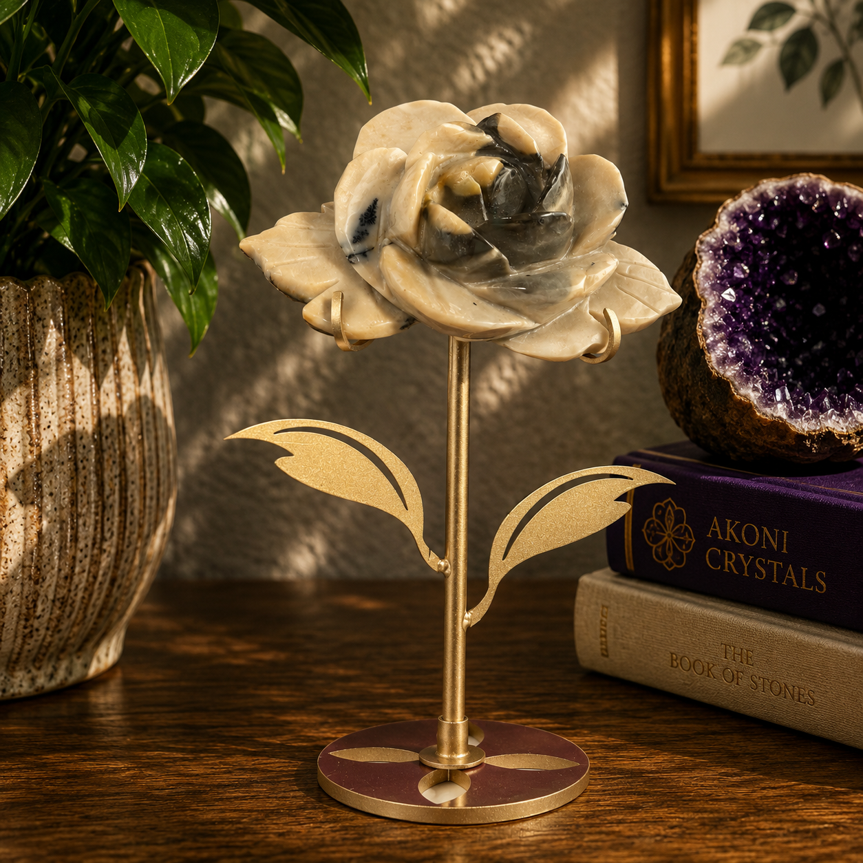 Mookaite Jasper Flower Carving with Gold Metal Flower Stand