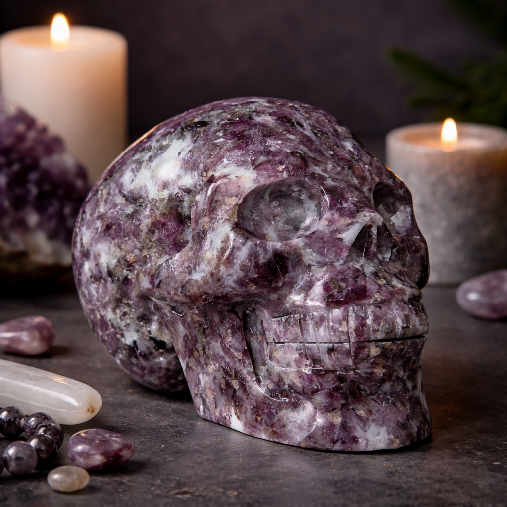 Gem Lepidolite & Smoky Quartz Collector Skull – 1,061g High Gloss