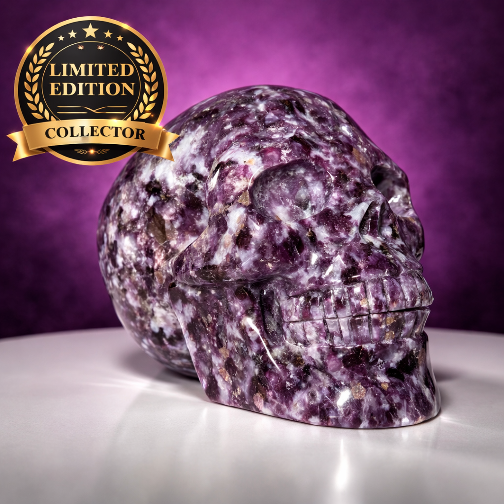 Gem Lepidolite & Smoky Quartz Collector Skull – 1,061g High Gloss