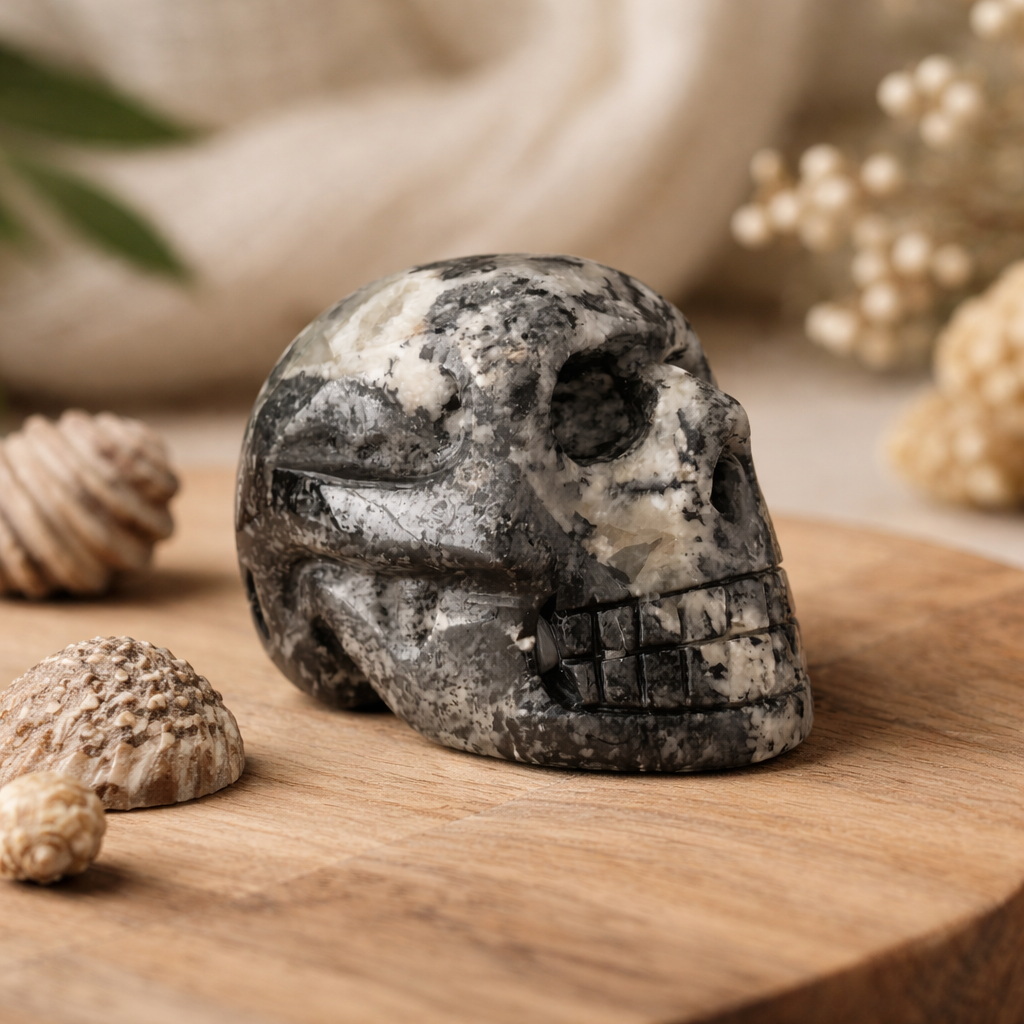 Australian Orbiculite Skull 195g | UV Reactive Crystal Skull | Natural Orbicular Stone Carving
