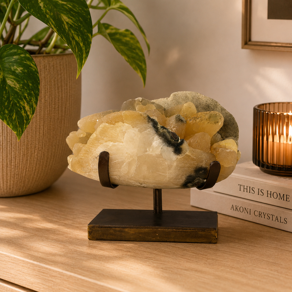 Honey Calcite Specimen from Uruguay with Custom Metal Stand