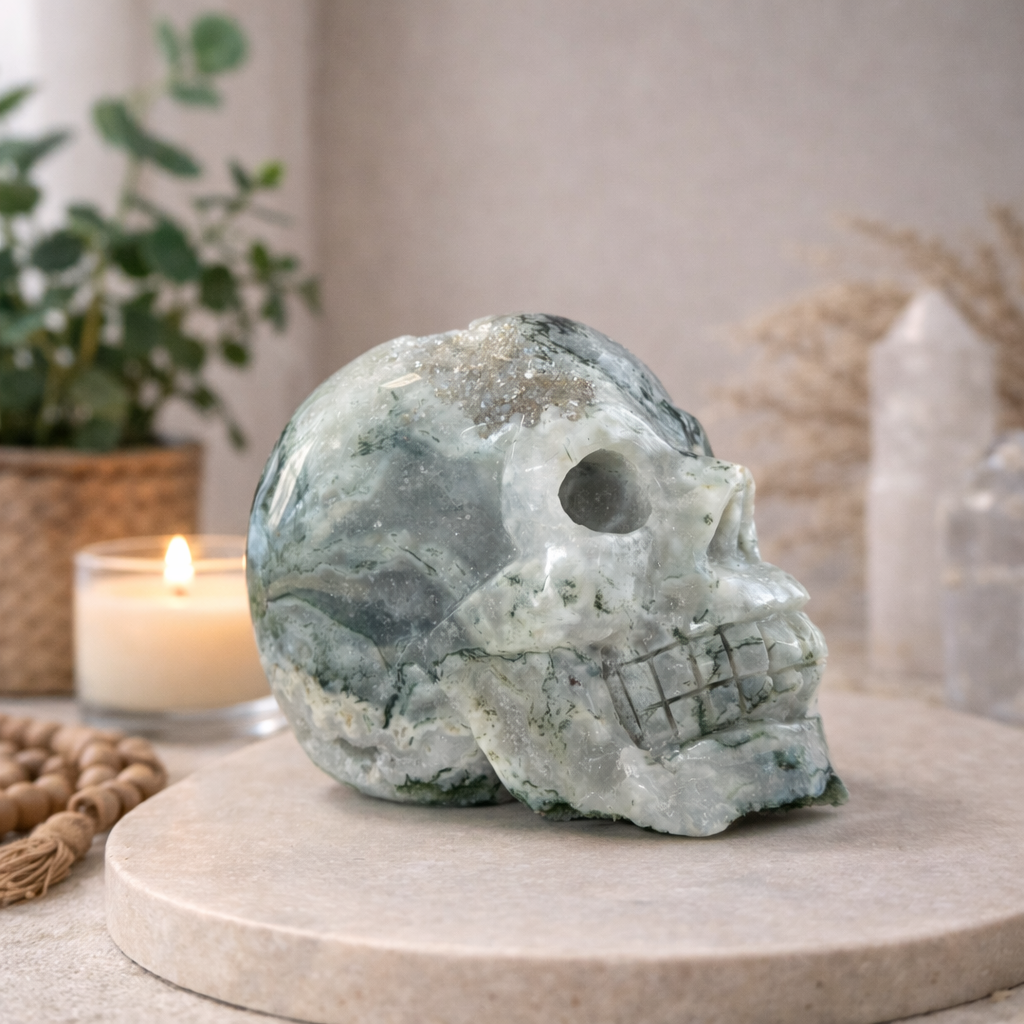 Moss Agate Druzy Skull 501g – Natural Crystal Skull Carving