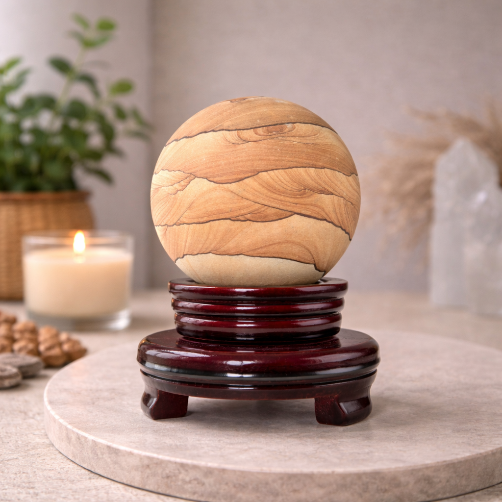 Sandstone Sphere 949g with Spinning Wood Stand – Large Collector Display