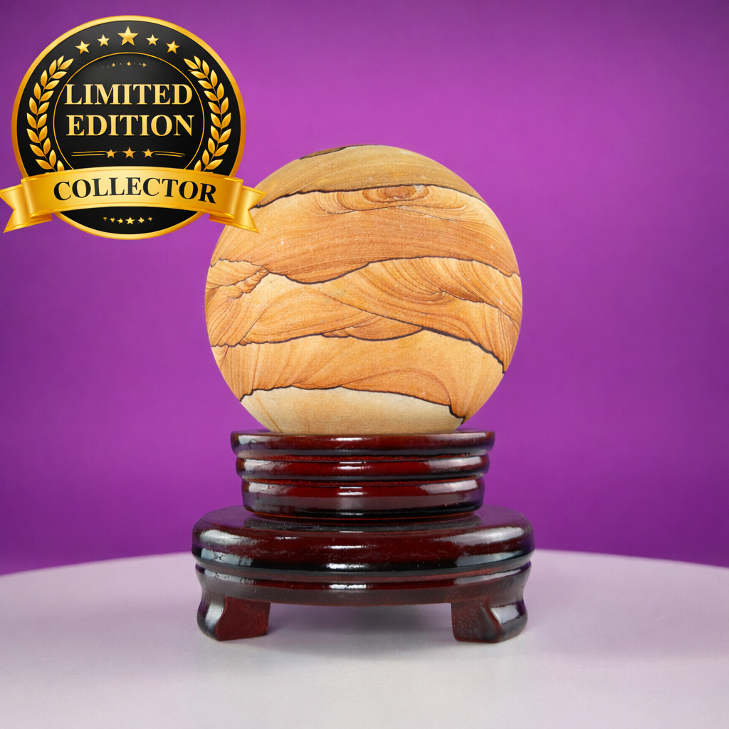 Sandstone Sphere 949g with Spinning Wood Stand – Large Collector Display