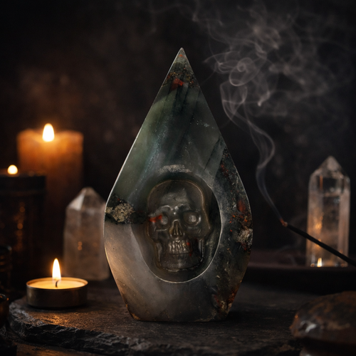 African Bloodstone Skull Flame Carving – 370g Crystal Skull