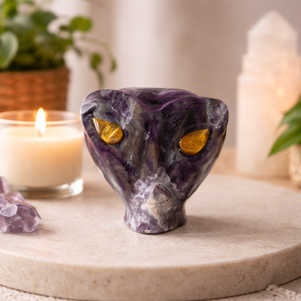 Dream Amethyst Alien Skull with Tiger Eye Eyes – 463g Collector Crystal