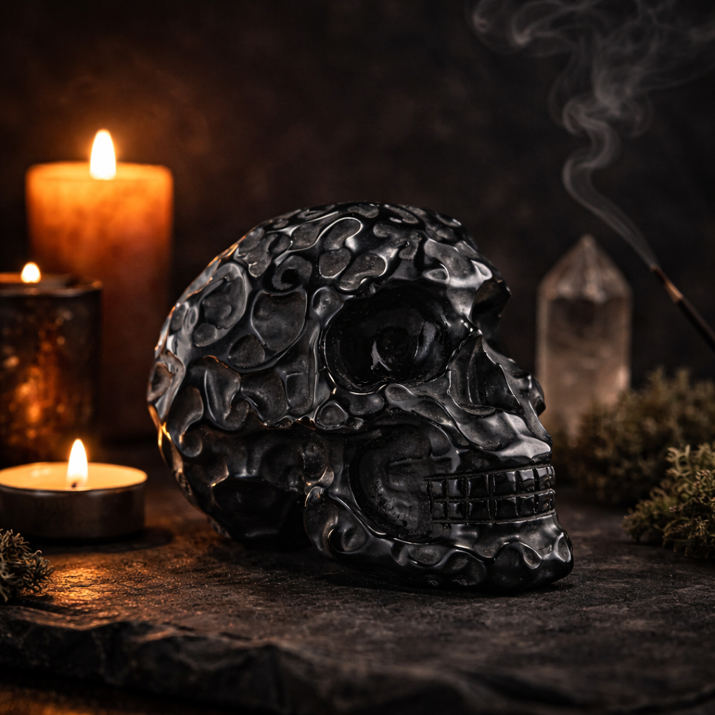Black Obsidian Carved Skull – 416g Protective Crystal Sculpture