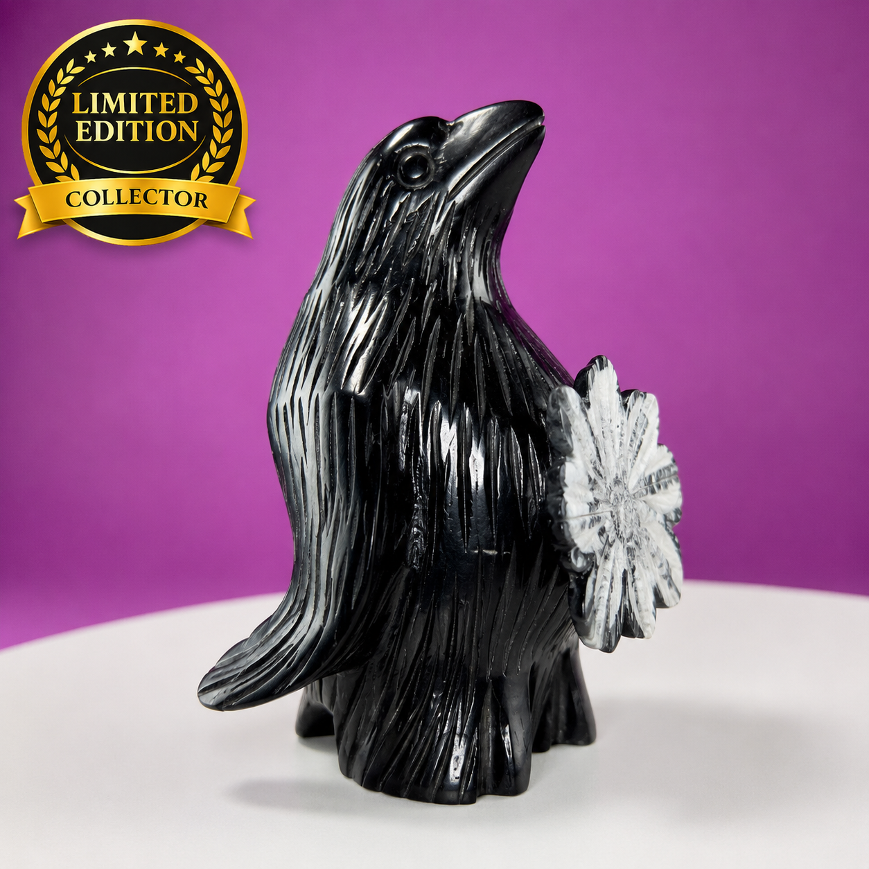 Chrysanthemum Stone Penguin Carving with Natural Flower Formation