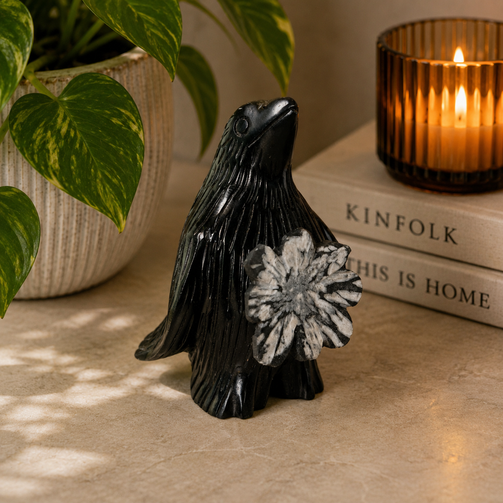 Chrysanthemum Stone Penguin Carving with Natural Flower Formation
